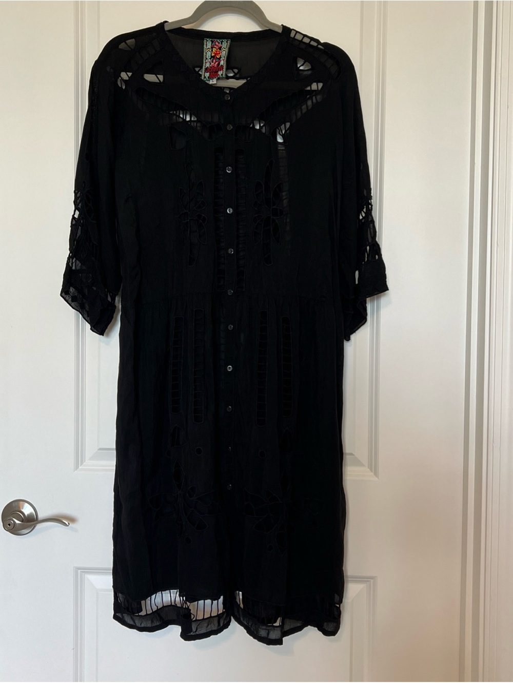 Johnny Was Black Midi Button-Front Dress with Cutout Embroidery